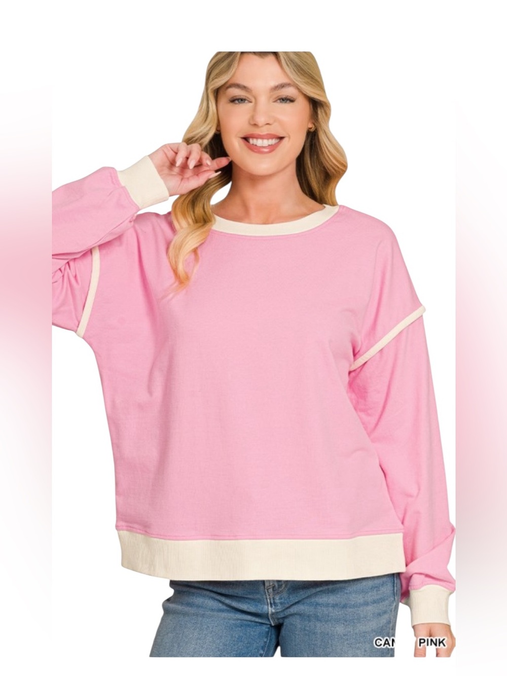 Zenana Candy Pink French Terry Cotton Long Sleeve Pullover Top